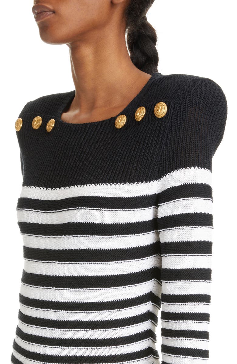 Balmain Breton Stripe Cotton Blend Sweater Dress, Alternate, color, 