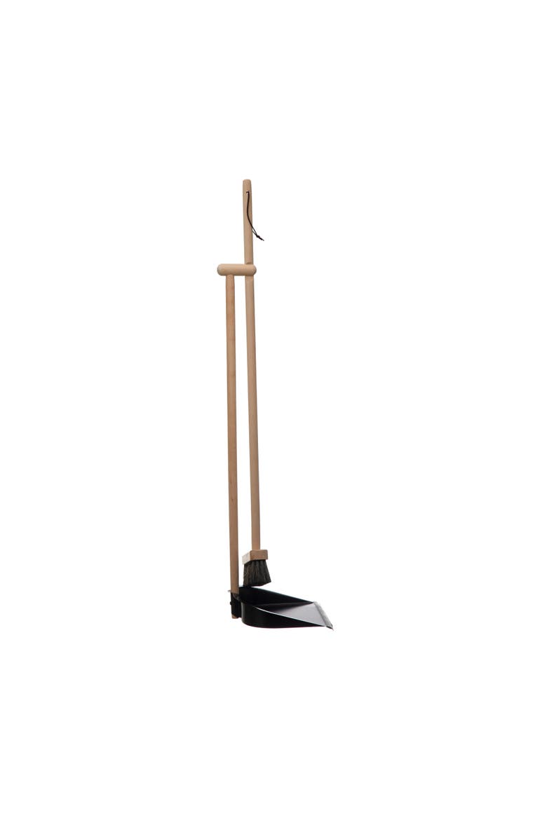 Beech Wood Broom and Standing Metal Dust Pan Set, Natural and Black, Main, color, Black