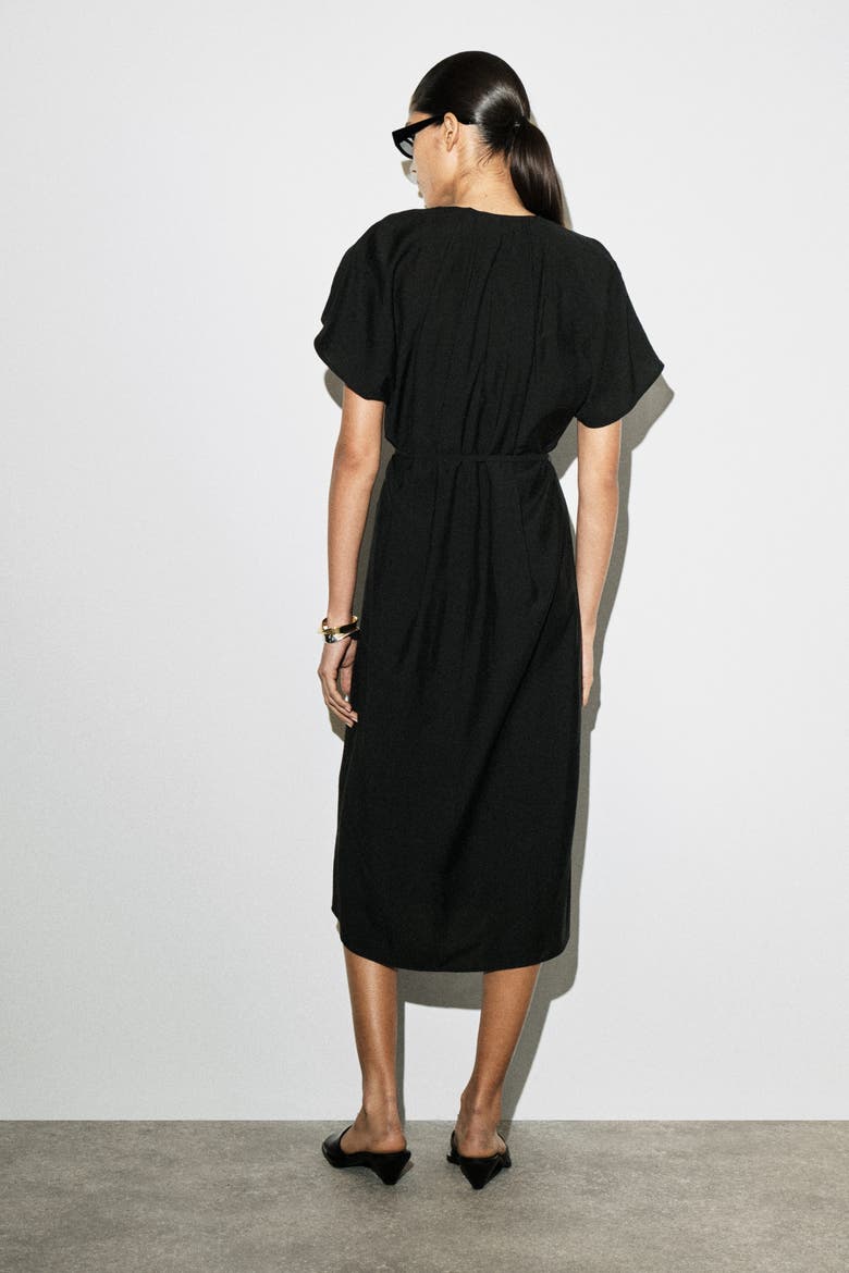 cos pleated midi dress COS Women's Pleated Bow-Detail Midi Shirt Dress in Navy