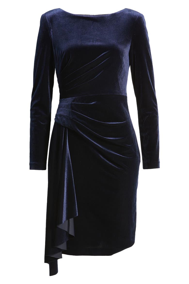 Ruffle Long Sleeve Velvet Cocktail Dress, Alternate, color, NAVY
