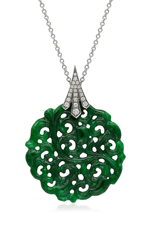 Signed Fred Leighton Carved Green Jade & Pavé Diamond Pendant Necklace