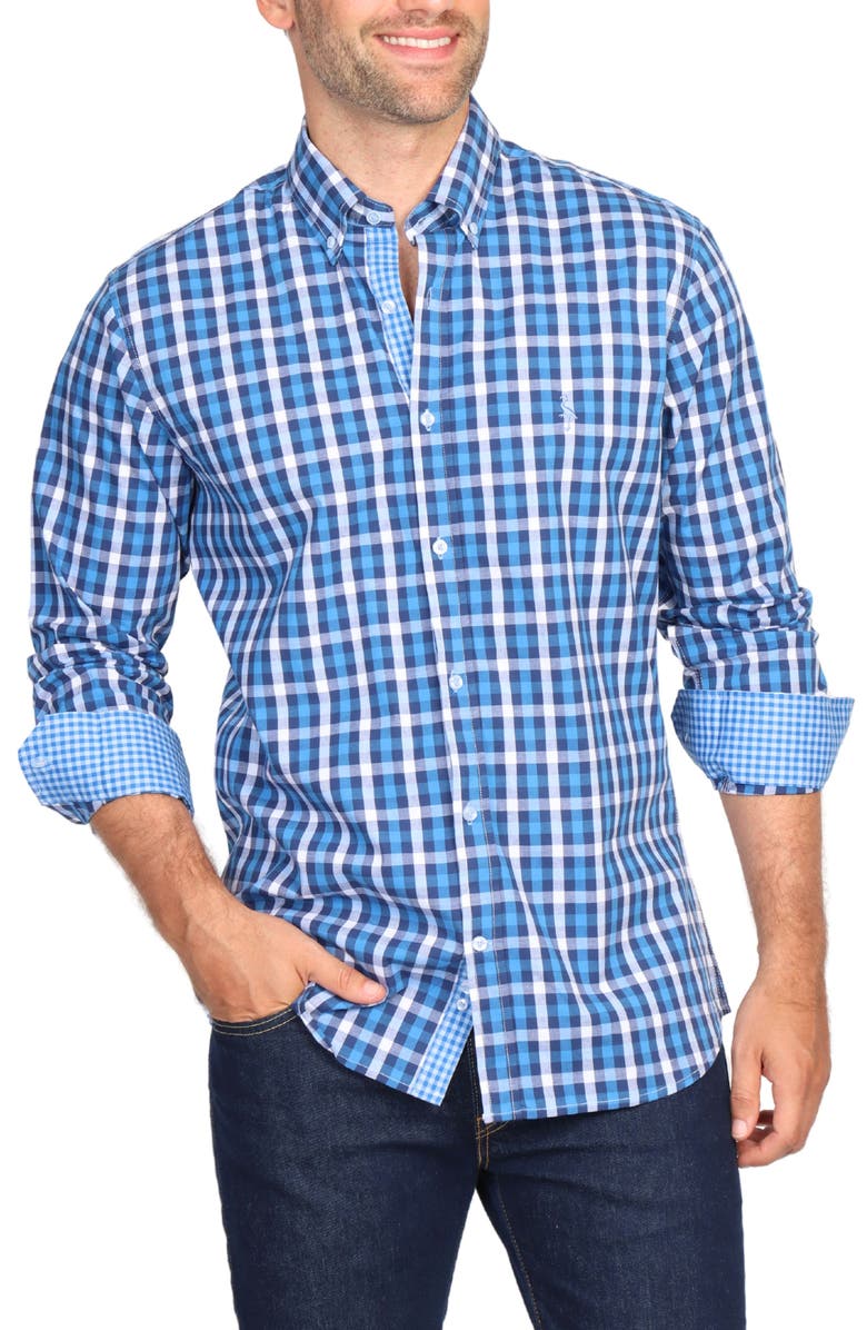TailorByrd Regular Fit Gingham Stretch Cotton Button-Down Shirt, Alternate, color, Blue