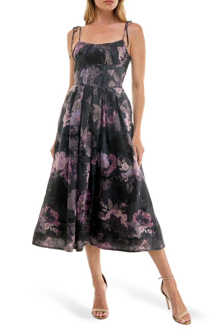 Corset Midi Sundress, Main, color, BLACK WASHED FLORAL