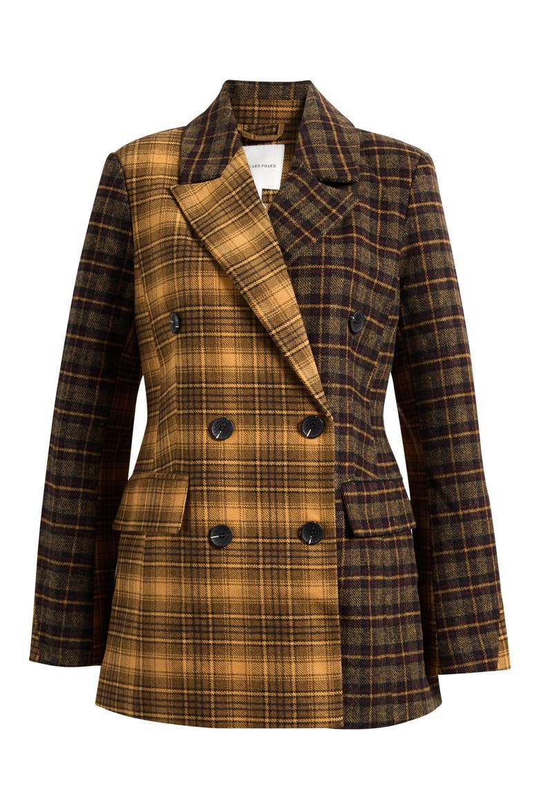 Mixed Plaid Hourglass Double Breasted Blazer, Alternate, color, BROWN - MUSTARD PLAID