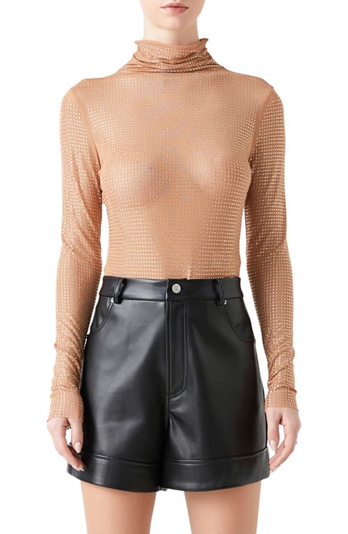 Endless Rose Embellished Mesh Turtleneck Bodysuit in Beige at Nordstrom, Size Medium