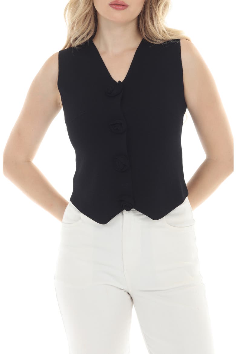 Rosette Button Front Knit Vest, Main, color, BLACK