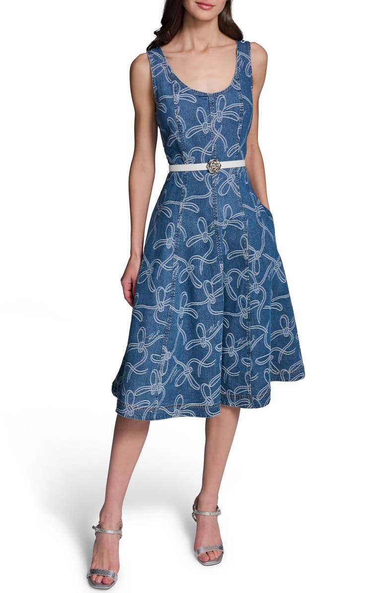 KARL LAGERFELD PARIS Sleeveless Belted Denim Dress, Main, color, Medium Indigo