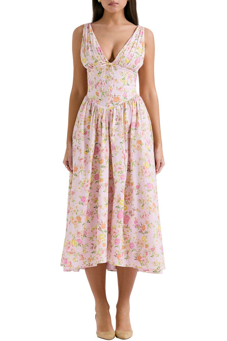 Emmelina Sleeveless Stretch Poplin Midi Dress, Main, color, PINK FLORAL PRINT