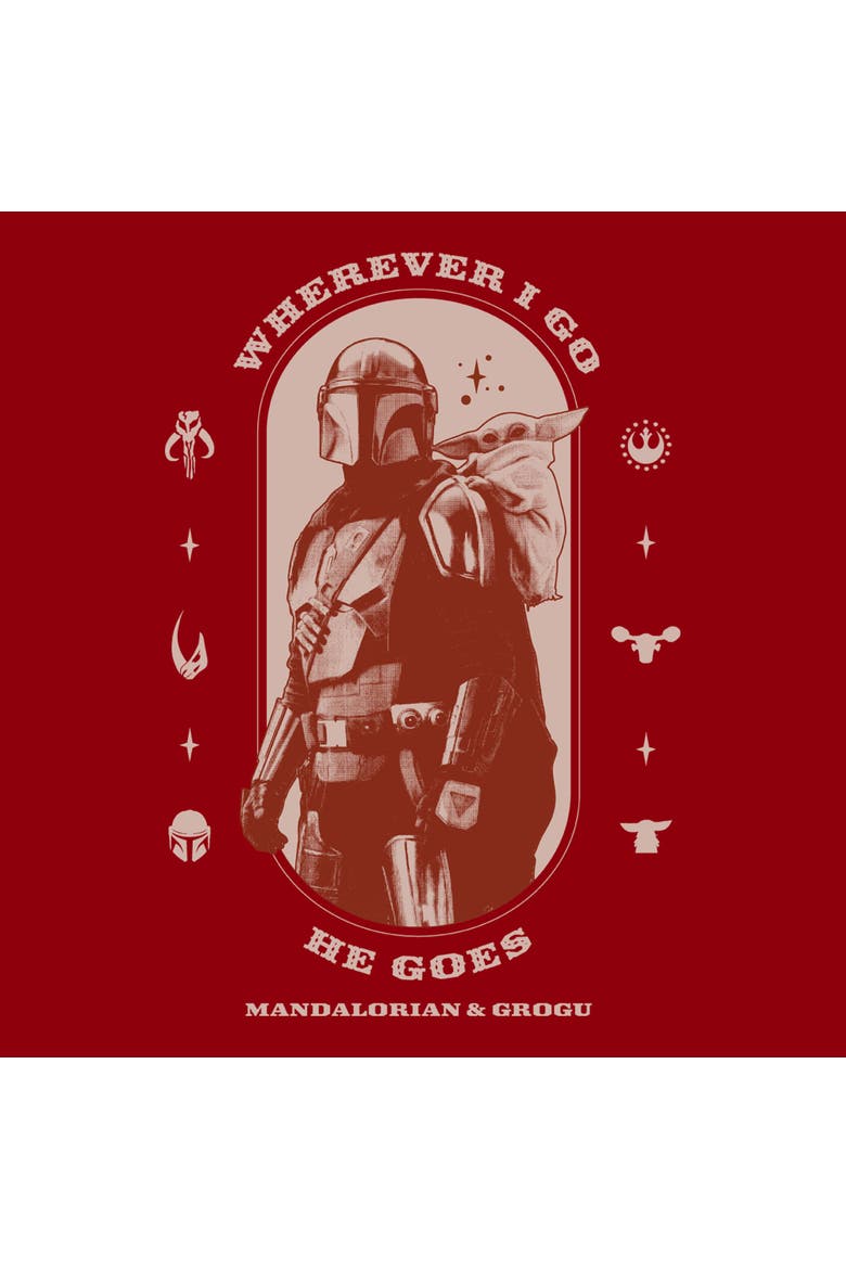 Mens Star Wars The Mandalorian and Grogu Wherever I Go He Goes Logo T Shirt, Alternate, color, Cardinal