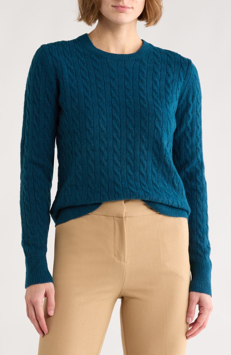Brooks Brothers Cable Knit Crewneck Sweater, Main, color, Deep Teal