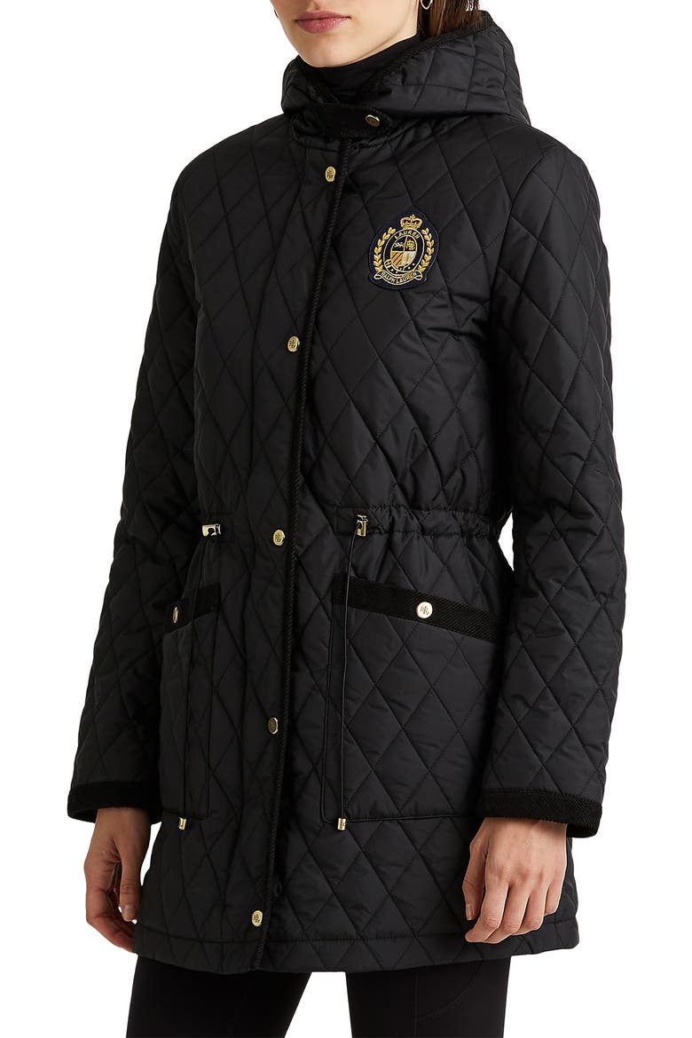 Quilted Crest Hooded Coat, Alternate, color, BLACK