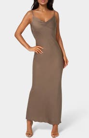 bebe Cey Crepe Draped Back Maxi Slipdress