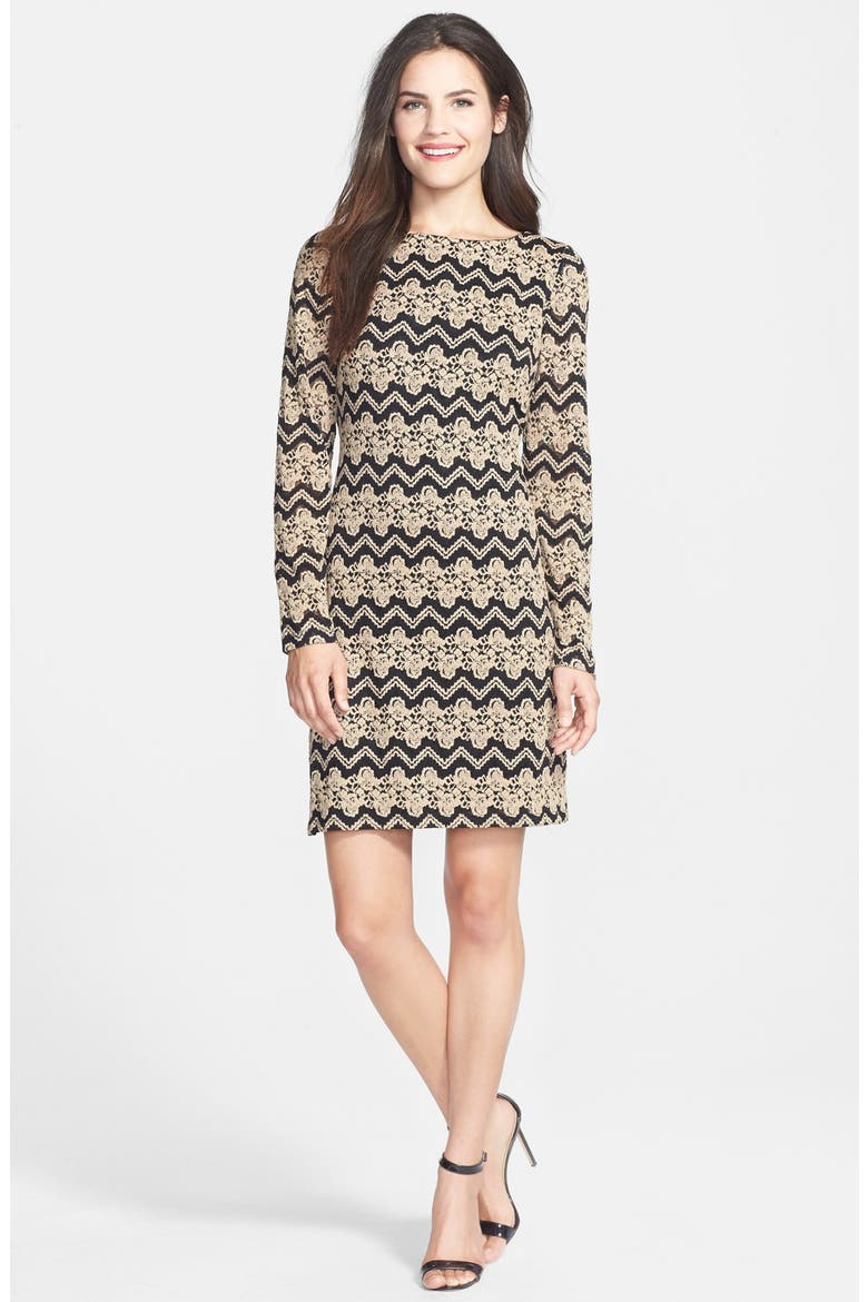 Chevron Lace Shift Dress, Alternate, color, BLACK/ TAN