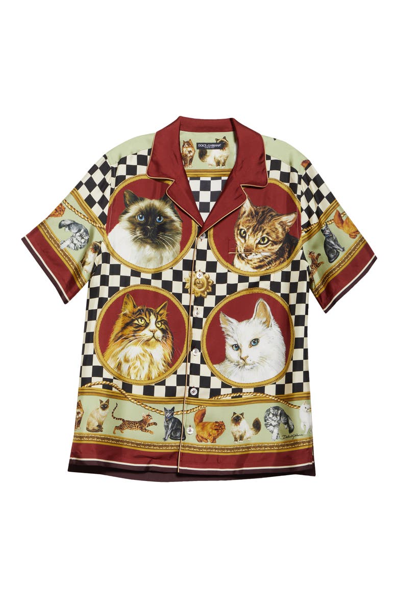 Cat Print Silk Camp Shirt, Alternate, color, GATTI