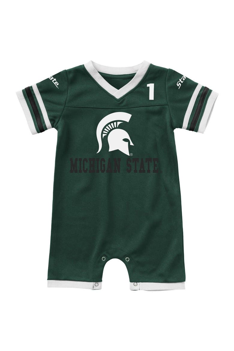 Newborn & Infant Colosseum Green Michigan State Spartans Bumpo Football Logo Romper, Main, color, Hunter Green
