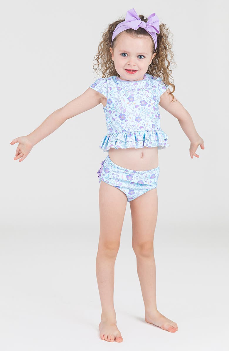 RuffleButts Kids' Floral Print Two-Piece Swimsuit & Bow Head Wrap Set, Alternate, color, 