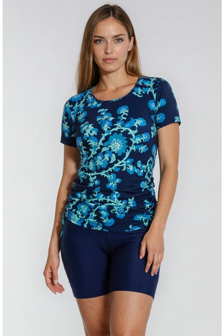 Short Sleeve Adele Swim Top and Navy Mid-Thigh Swim Shorts Set, Main, color, Barbados Blue