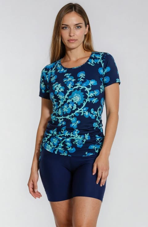 Short Sleeve Adele Swim Top and Navy Mid-Thigh Swim Shorts Set