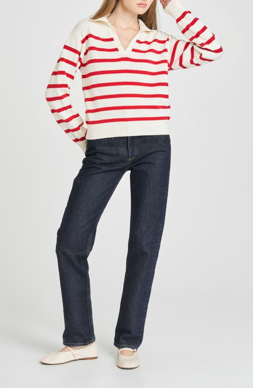 Wayf Port Stripe Johnny Collar Cotton Sweater In Ivory Red