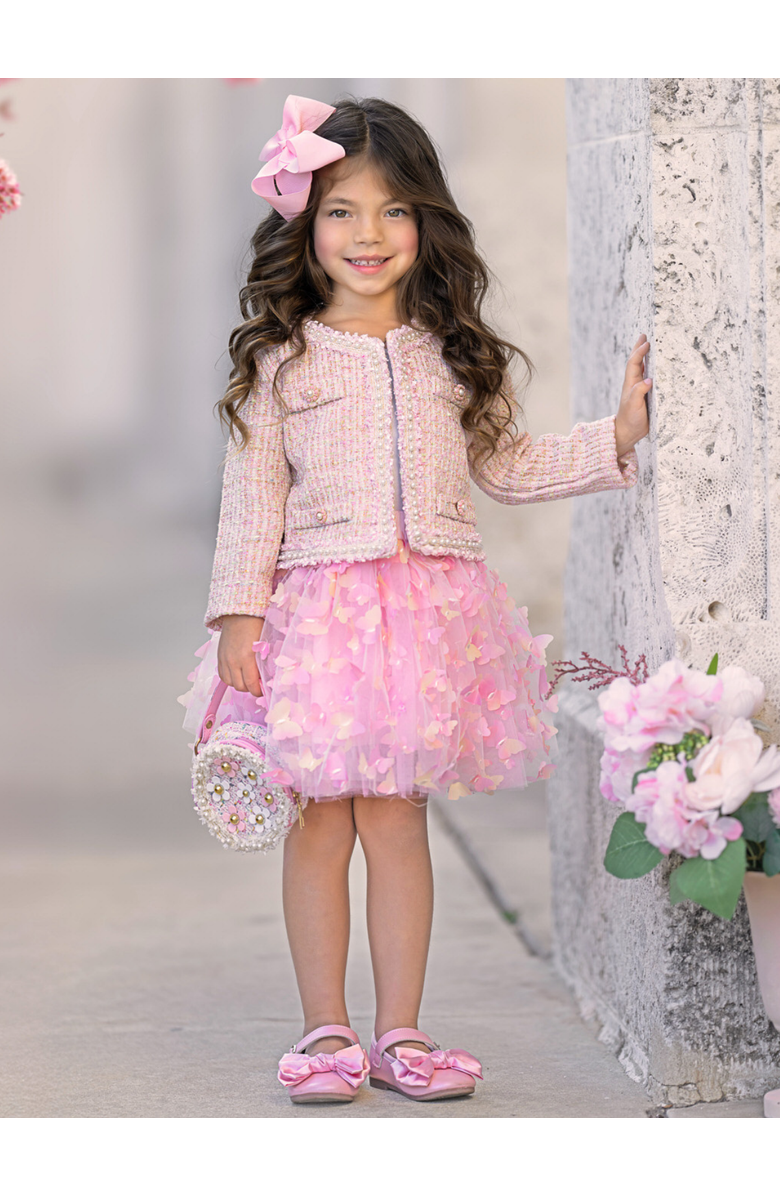 Mia Belle Girls Girls  Sparkle Tweed Jacket & Butterfly Tutu Skirt Set, Alternate, color, Pink