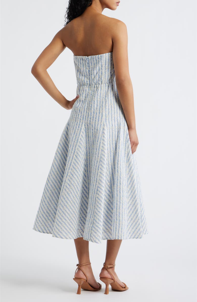 Lulus Karina Strapless Stripe Eyelet Midi Dress, Alternate, color, Blue/ White