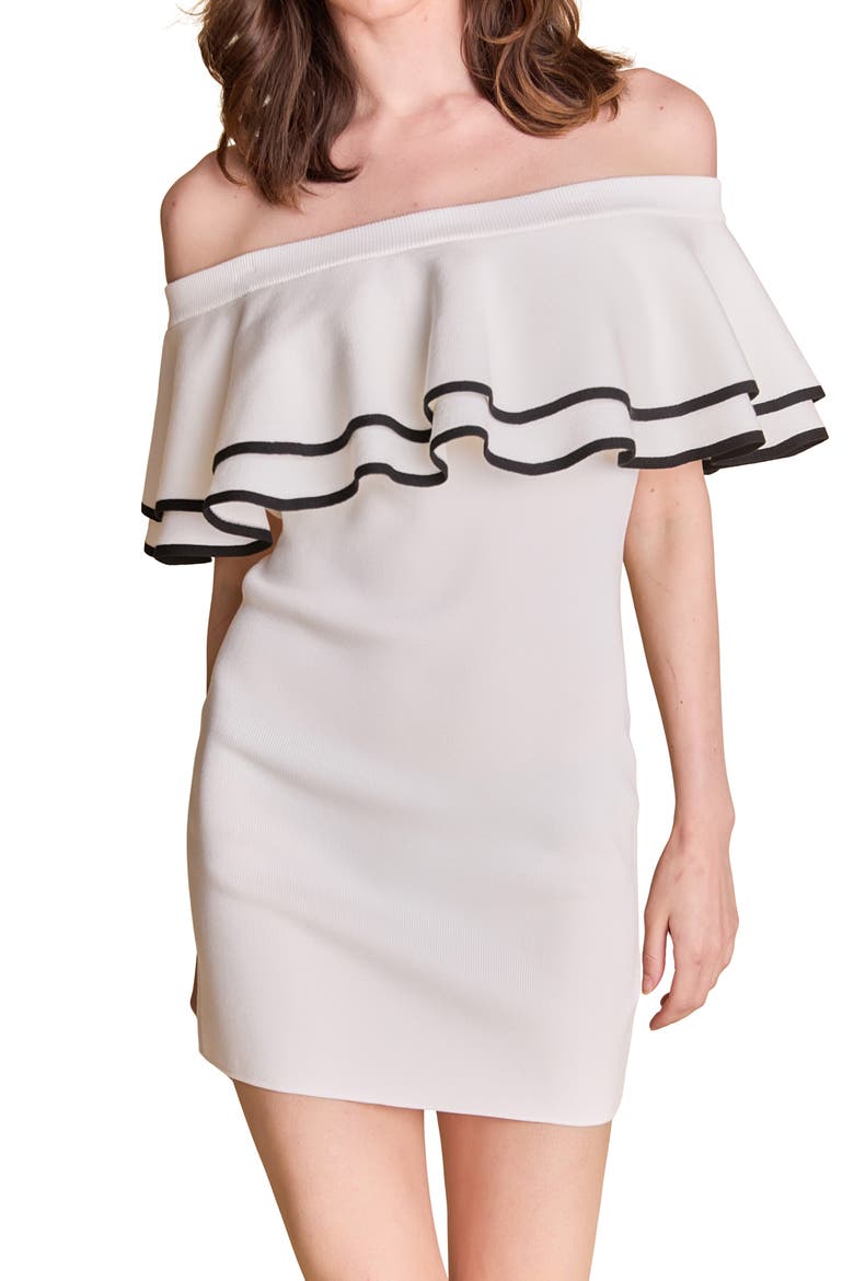 Contrast Detail Ruffle Off the Shoulder Minidress, Alternate, color, IVORY/BLACK