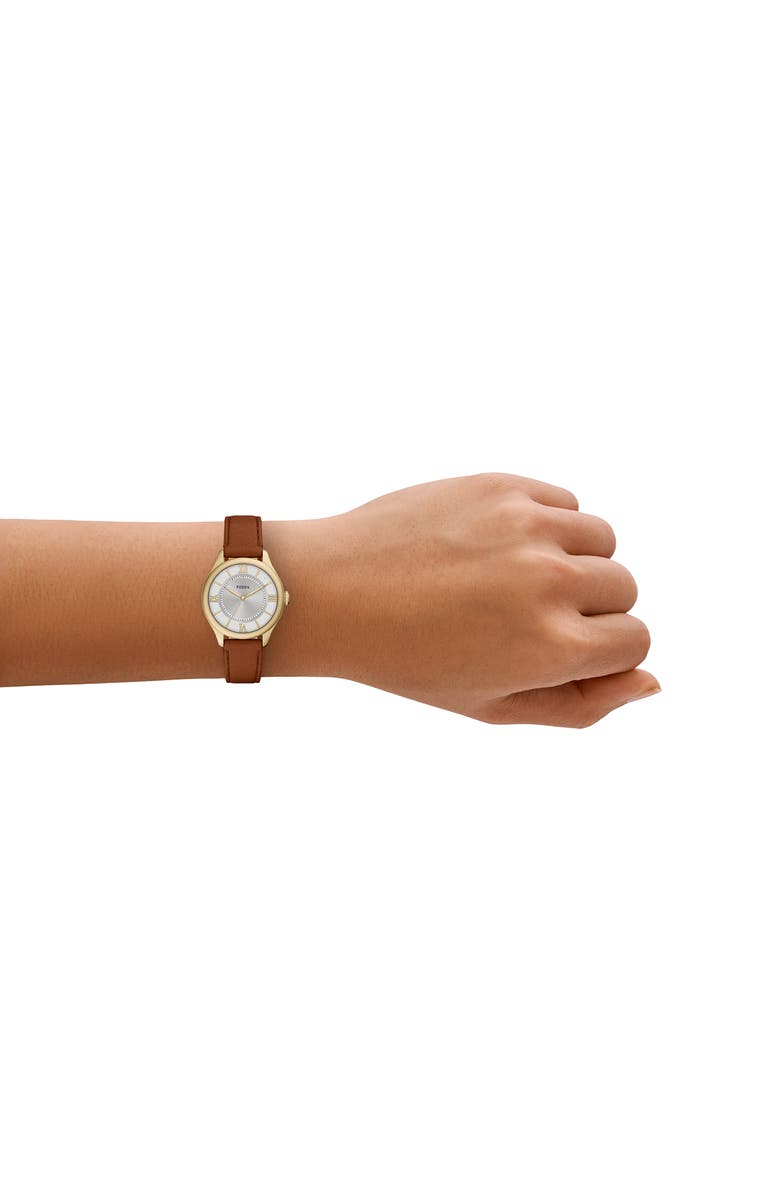 Fossil Gilmore Leather Strap Watch, 28mm, Alternate, color, White/ Brown/ Gold