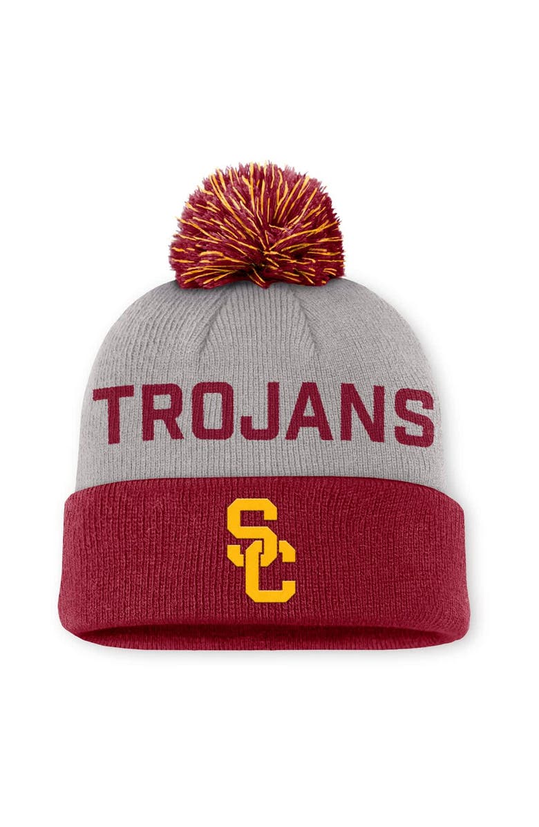 Nike Men's Nike Gray/Cardinal USC Trojans Primetime Peak Cuffed Knit Hat with Pom, Main, color, Gray