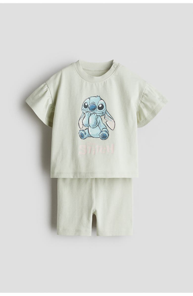 H&M 2-piece Printed Cotton Set, Main, color, Dusty Green/Lilo & Stitch