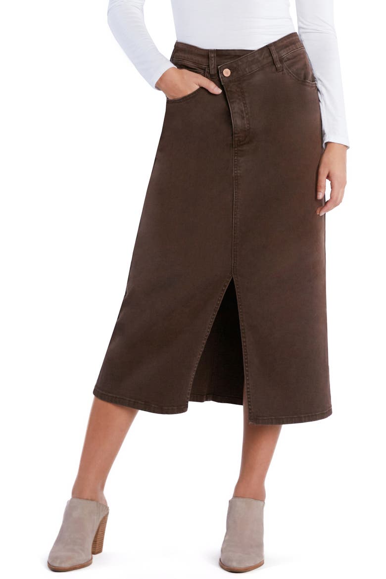 Emmeline Crossover Waist Denim Midi Skirt, Main, color, ESPRESSO