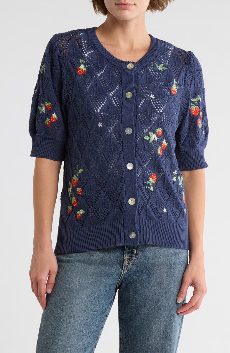 Driftwood Strawberry Embroidered Puff Sleeve Cotton Cardigan, Main, color, Navy