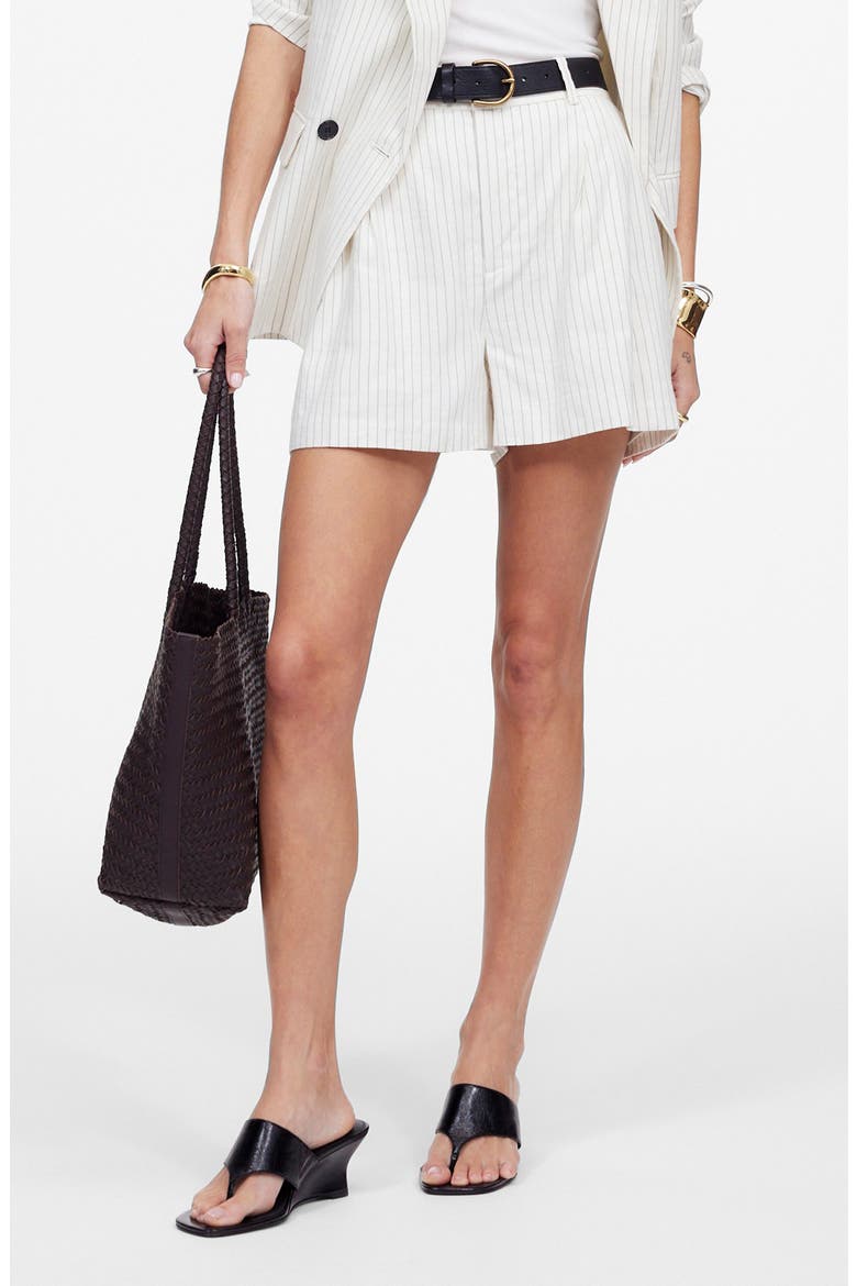 Easy Pleated Linen & Cotton Blend Shorts, Main, color, TAN AND BLACK STRIPE