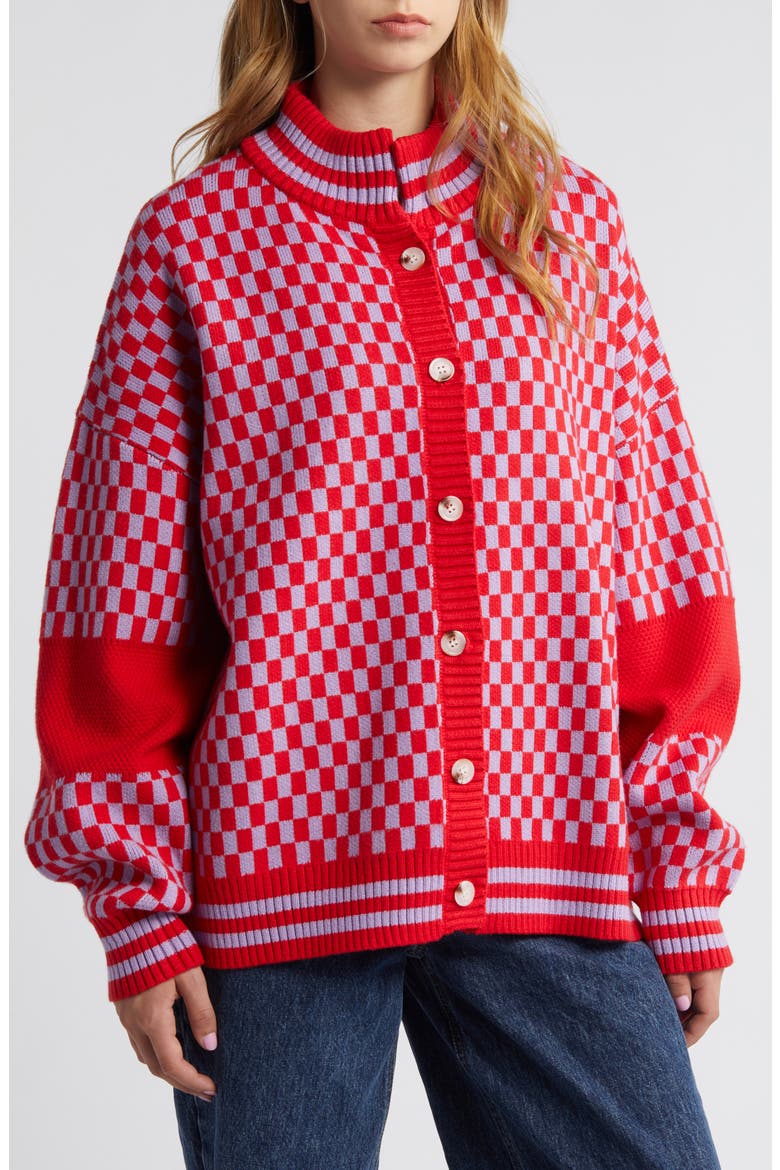 Grandpa Double Knit Jacquard Cardigan, Alternate, color, RED + PURPLE