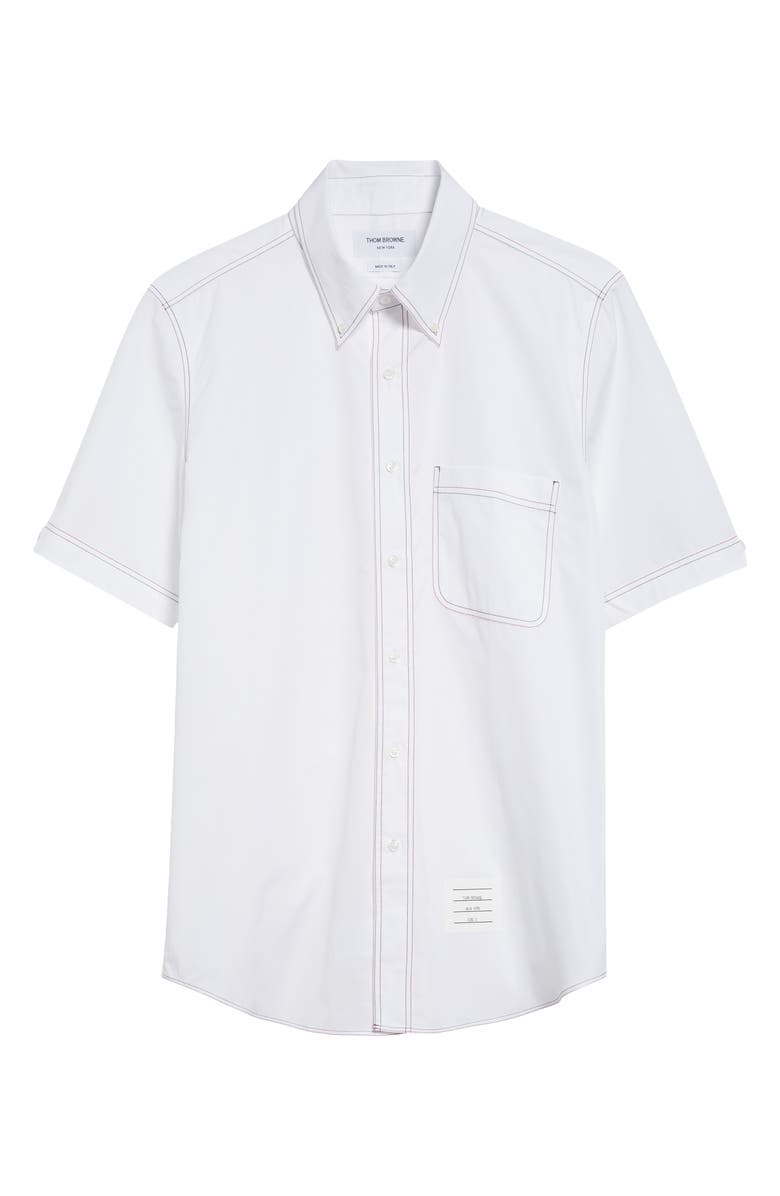 Thom Browne Straight Fit Short Sleeve Cotton Poplin Button-Down Shirt, Alternate, color, White