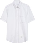 Thom Browne Straight Fit Short Sleeve Cotton Poplin Button-Down Shirt
