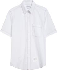 Thom Browne Straight Fit Short Sleeve Cotton Poplin Button-Down Shirt
