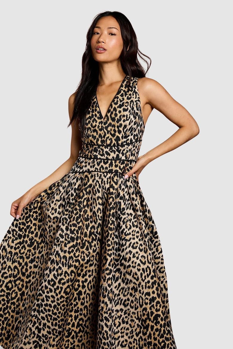 V-Neck Animal Jacquard Midi Dress, Alternate, color, Animal