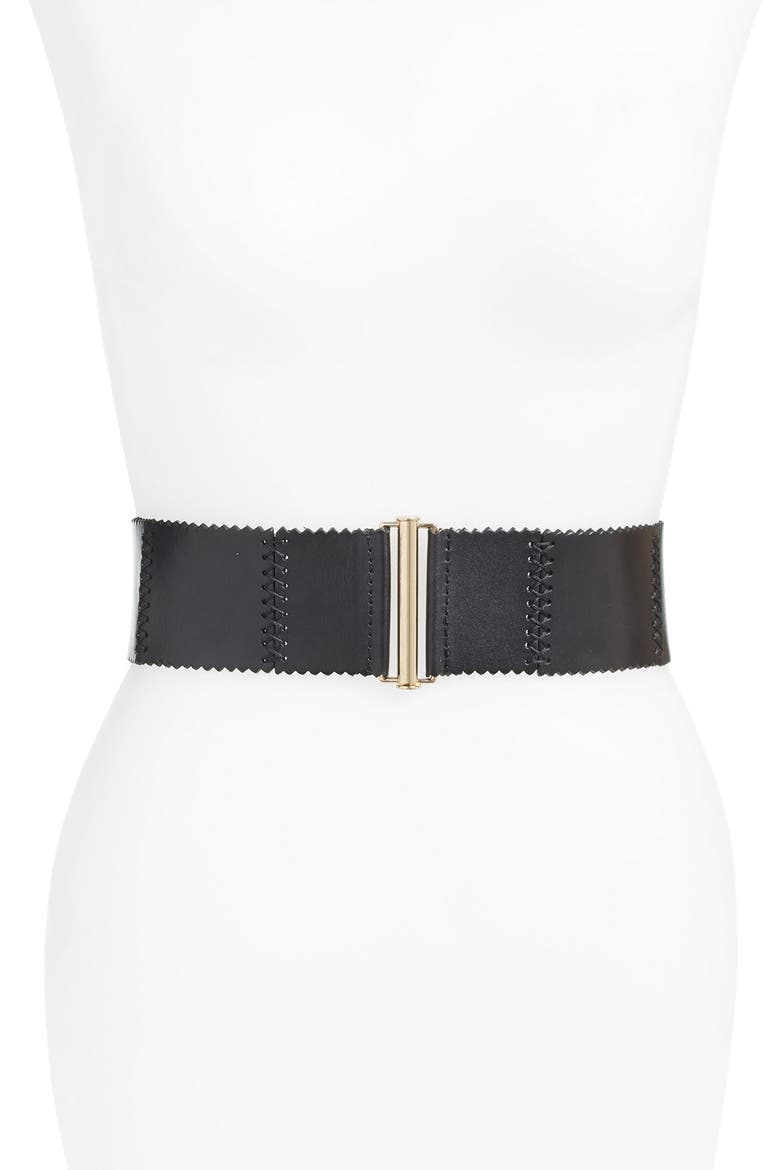 'Woodland' Stitched Leather Belt, Main, color, BLACK