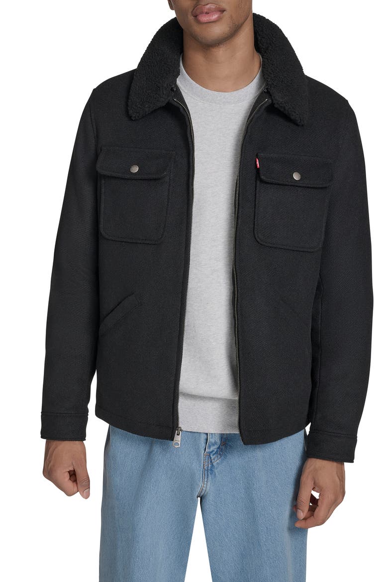 Brushed Twill Depot Jacket with Faux Shearling Collar, Main, color, BLACK