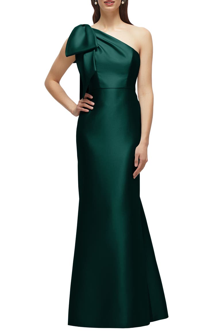 Bow One-Shoulder Satin Twill Mermaid Gown, Main, color, EVERGREEN