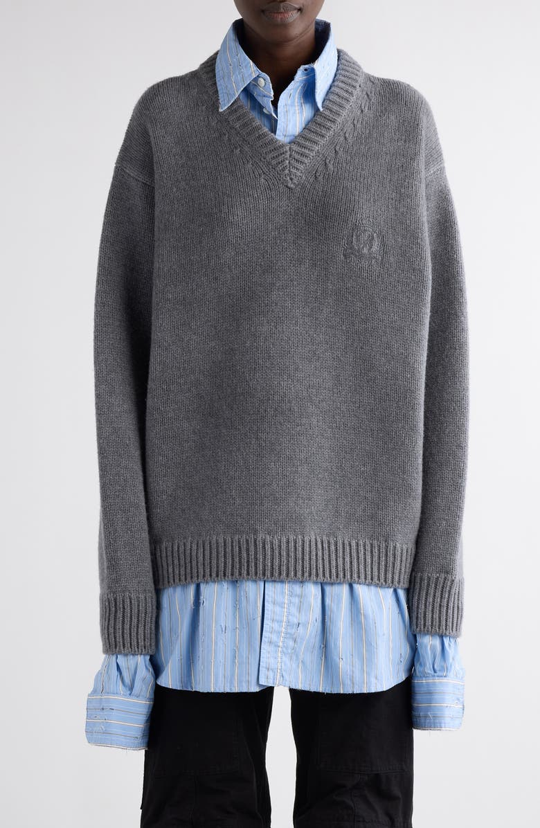 Balenciaga Oversize Layered Distressed Wool V-Neck Sweater, Main, color, 