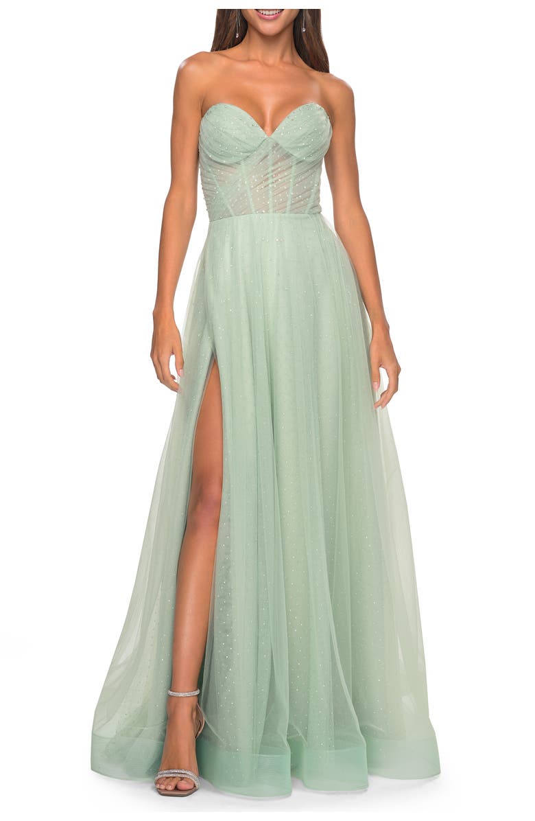 La Femme Sweetheart Tulle and Rhinestone Prom Dress with Illusion Detail, Alternate, color, Sage