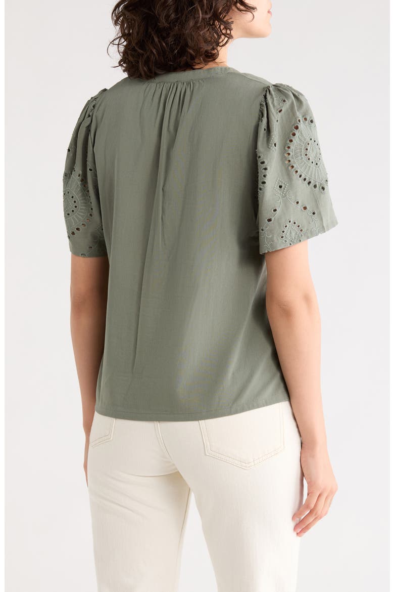 Eyelet Split Neck Top, Alternate, color, OLIVE GREEN