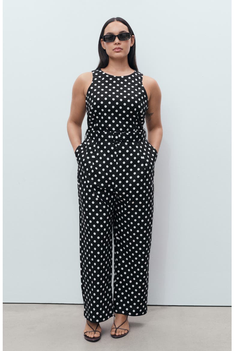 Sleeveless Polka Dot Linen Blend Jumpsuit, Alternate, color, BLACK