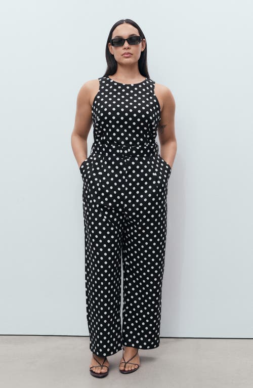 Mango Sleeveless Polka Dot Linen Blend Jumpsuit In Black