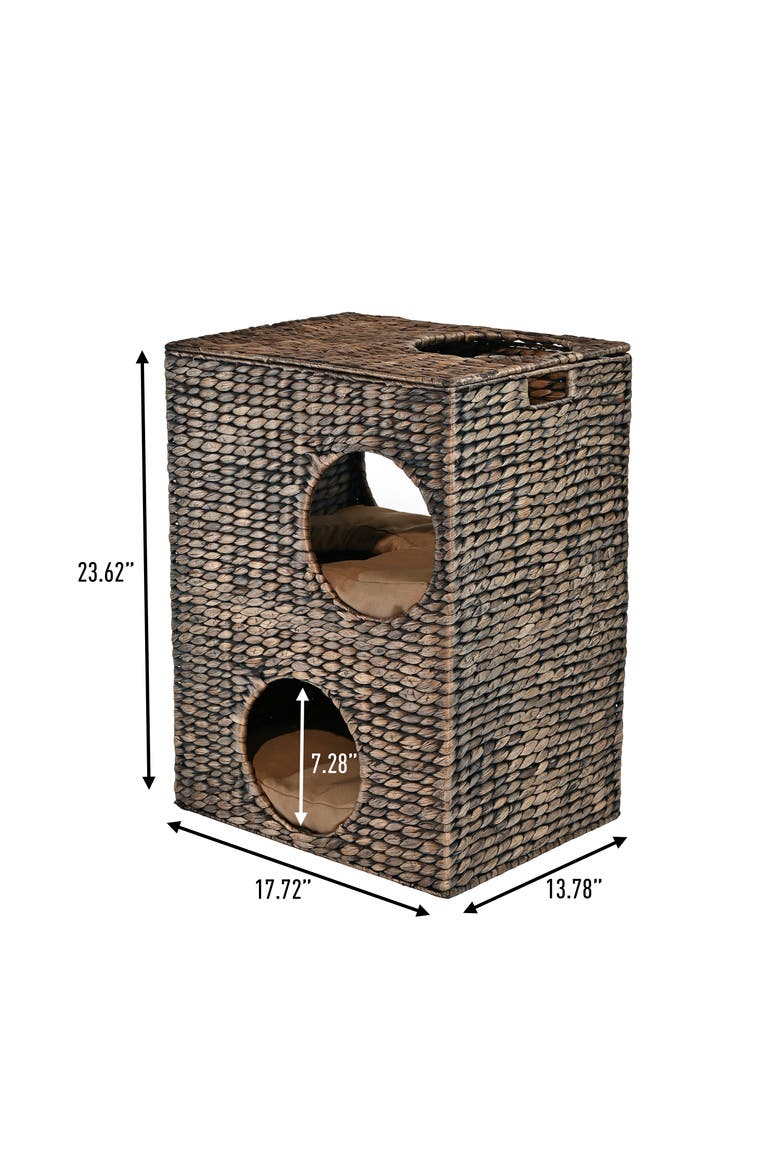 Jaxon 18" 2-Tier Handwoven Hyacinth Rectangular 5-Hole Cat Condo, 2 Machine-Washable Cushions, Alternate, color, Brown