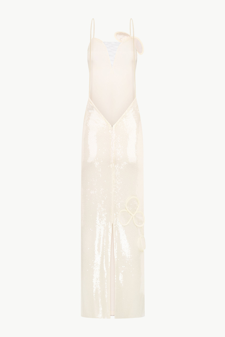 Sequin Maxi Bustier Gown With Petal Appliques, Alternate, color, Beige