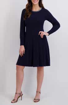 London Times Faux Pearl Neck Cable Stitch Fit & Flare Dress