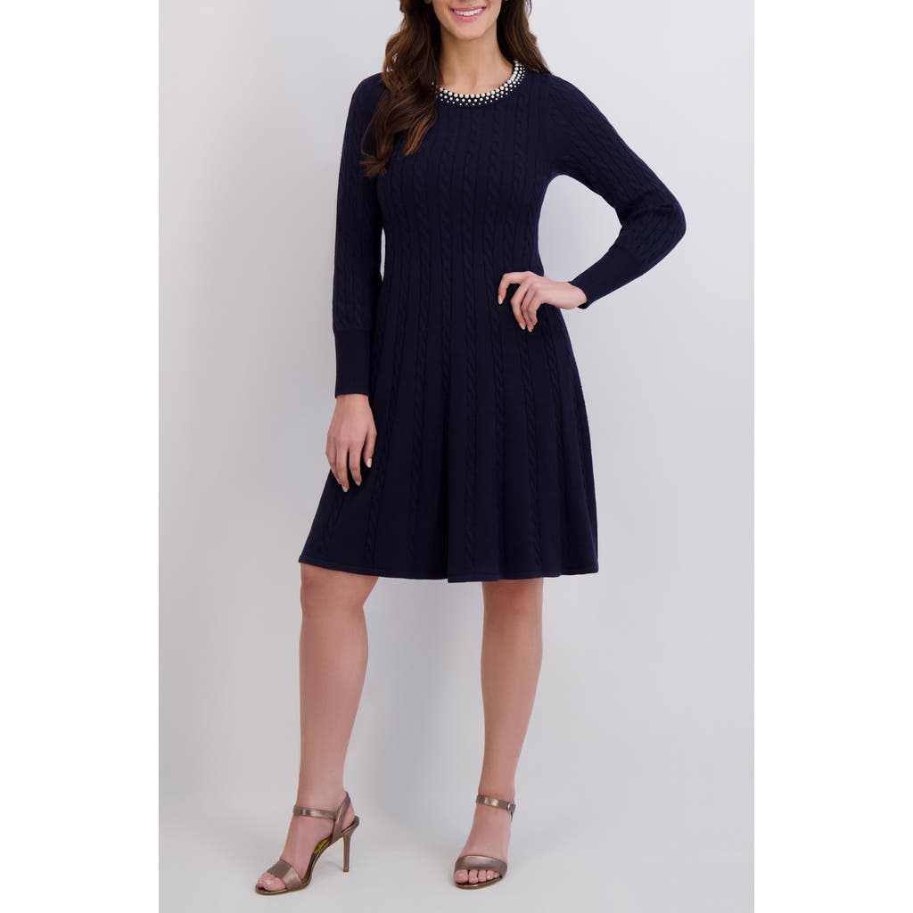 London Times Faux Pearl Neck Cable Stitch Fit & Flare Dress In Blue