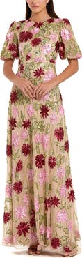 Mac Duggal Floral Embroidered Mesh Gown with Statement Sleeves